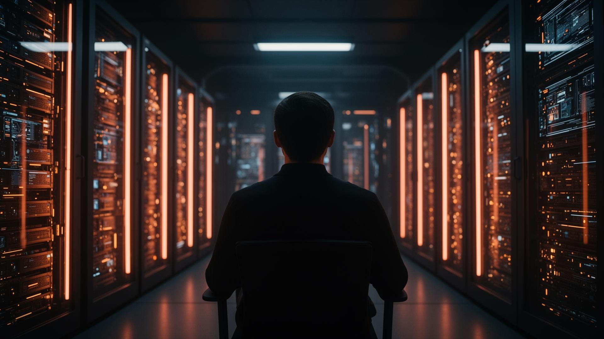 Person sitting in a futuristic data center with glowing coral server racks